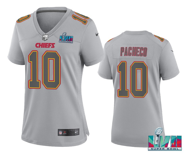 Women's Kansas City Chiefs #10 Isiah Pacheco Gray Super Bowl LVII Patch Atmosphere Fashion Stitched Game Jersey(Run Small)